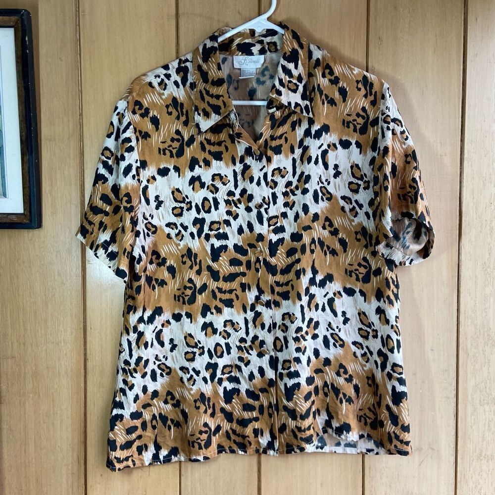 Vintage 80s K Arnold 100% Silk Animal Print Short Sleeve Blouse SZ L
